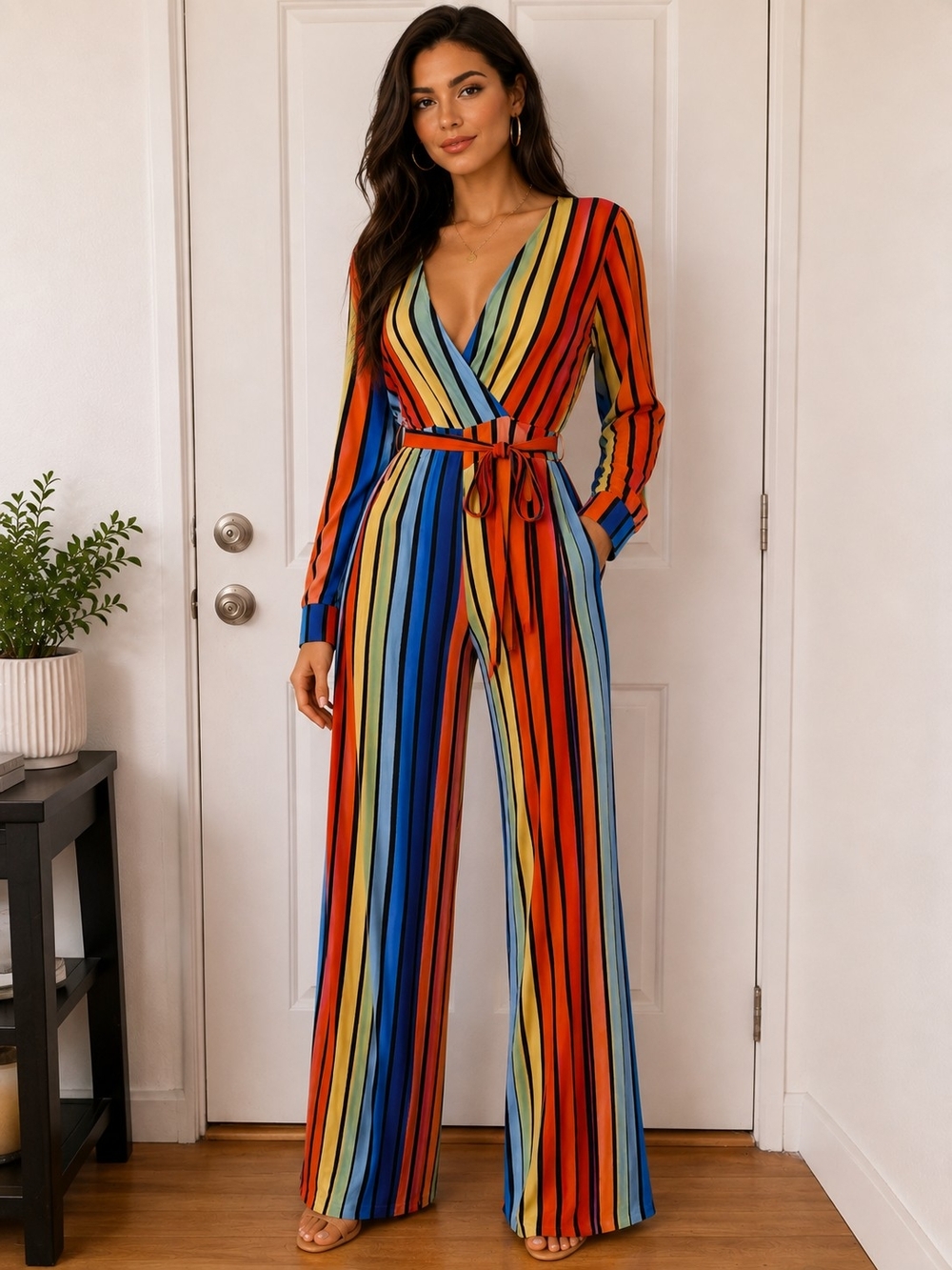 Multi-Color Striped Wrap Wide-Leg Jumpsuit NWOT